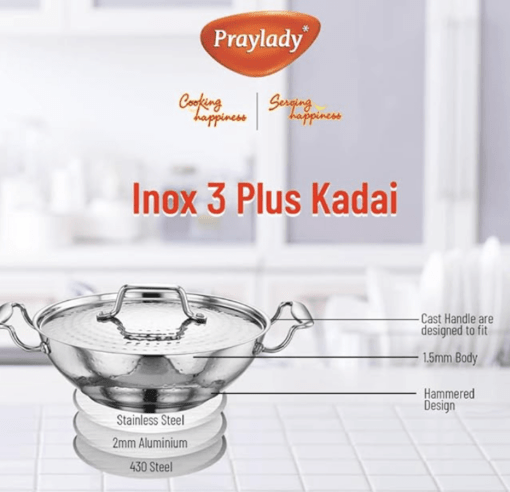 Praylady INOX 3+ Series Kadai - 26CM | 3.0 litres | Kadhai Extra Deep | Hammered Stainless Steel Kadai with SS Lid | Flat Induction Bottom Kadai | Induction & Gas Stove Friendly | Silver - Image 3
